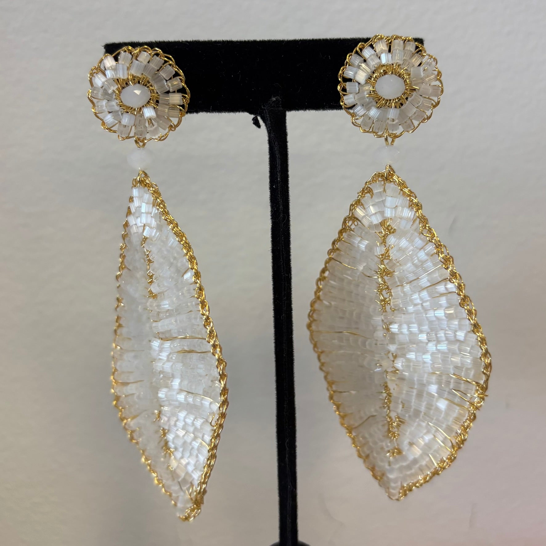 White Hand-Crocheted Beaded Earrings