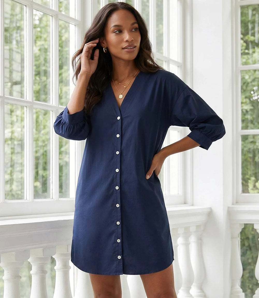 Lantern Sleeve Button-Front Dress