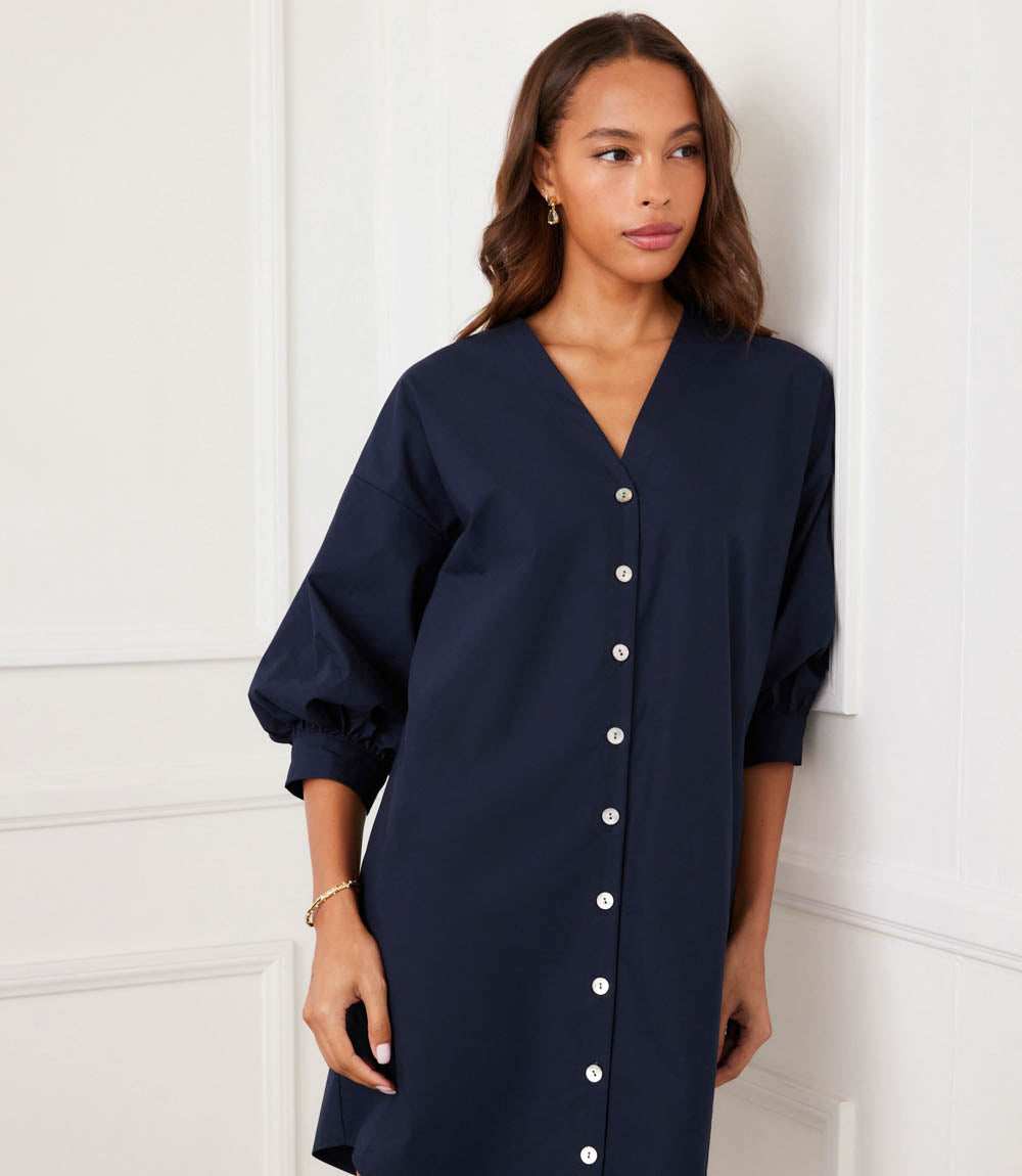 Lantern Sleeve Button-Front Dress
