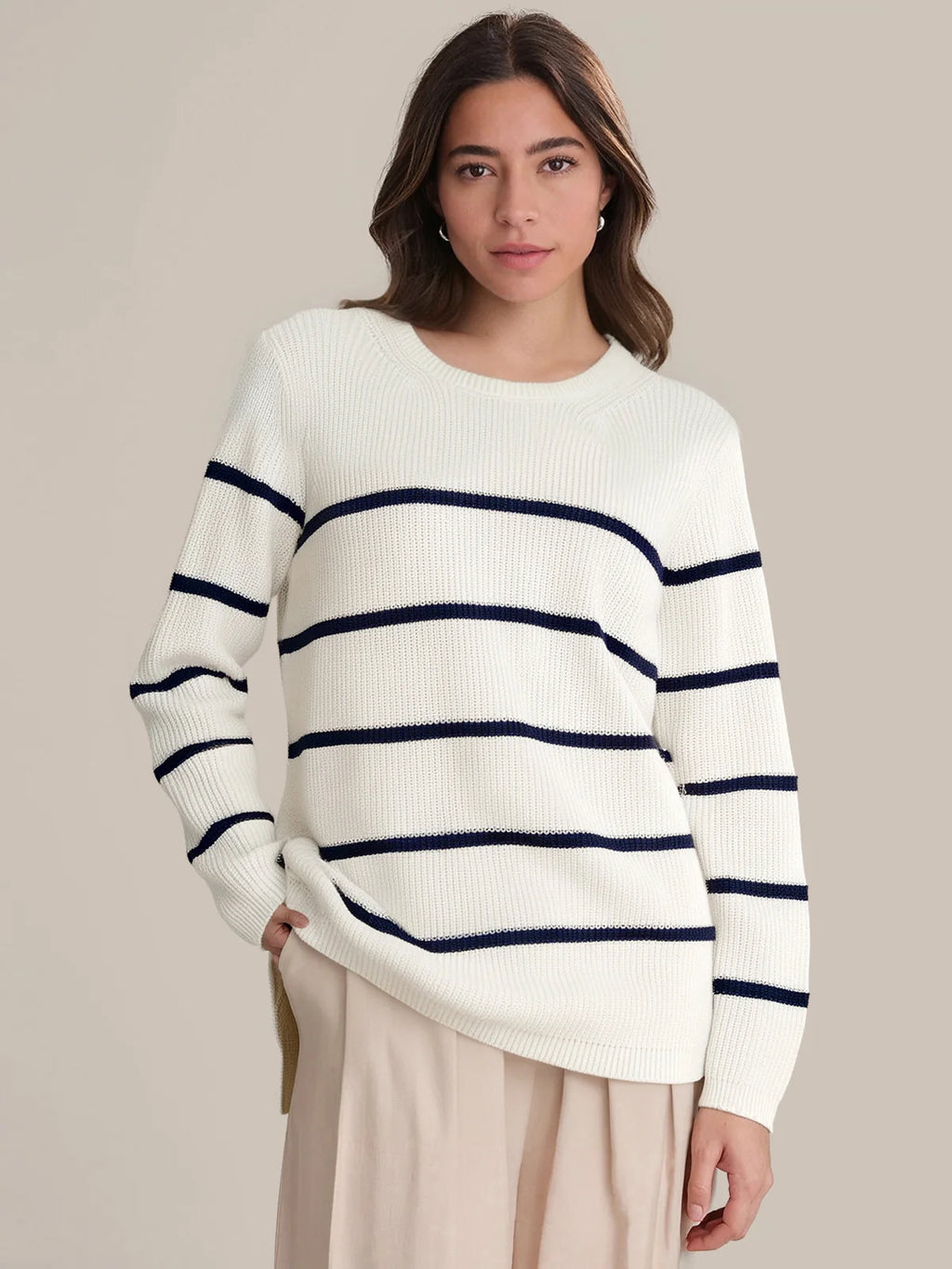 Stripe Rolled Crewneck Cotton Sweater
