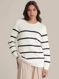 Stripe Rolled Crewneck Cotton Sweater
