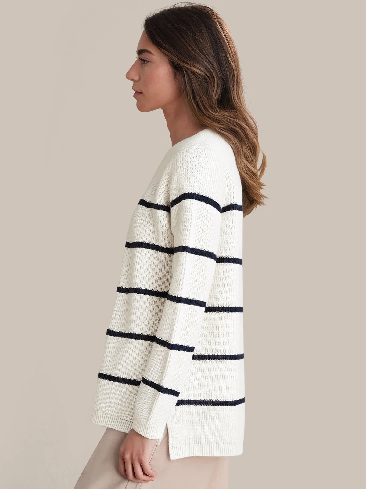Stripe Rolled Crewneck Cotton Sweater