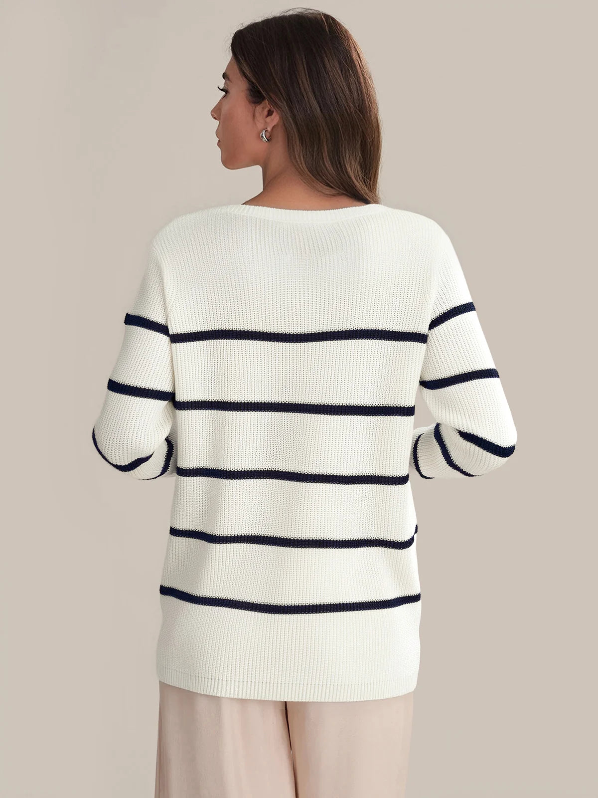 Stripe Rolled Crewneck Cotton Sweater