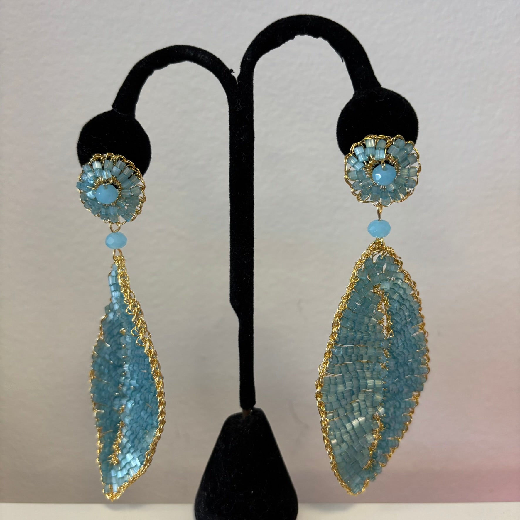 Blue Hand-Crocheted Beaded Earrings