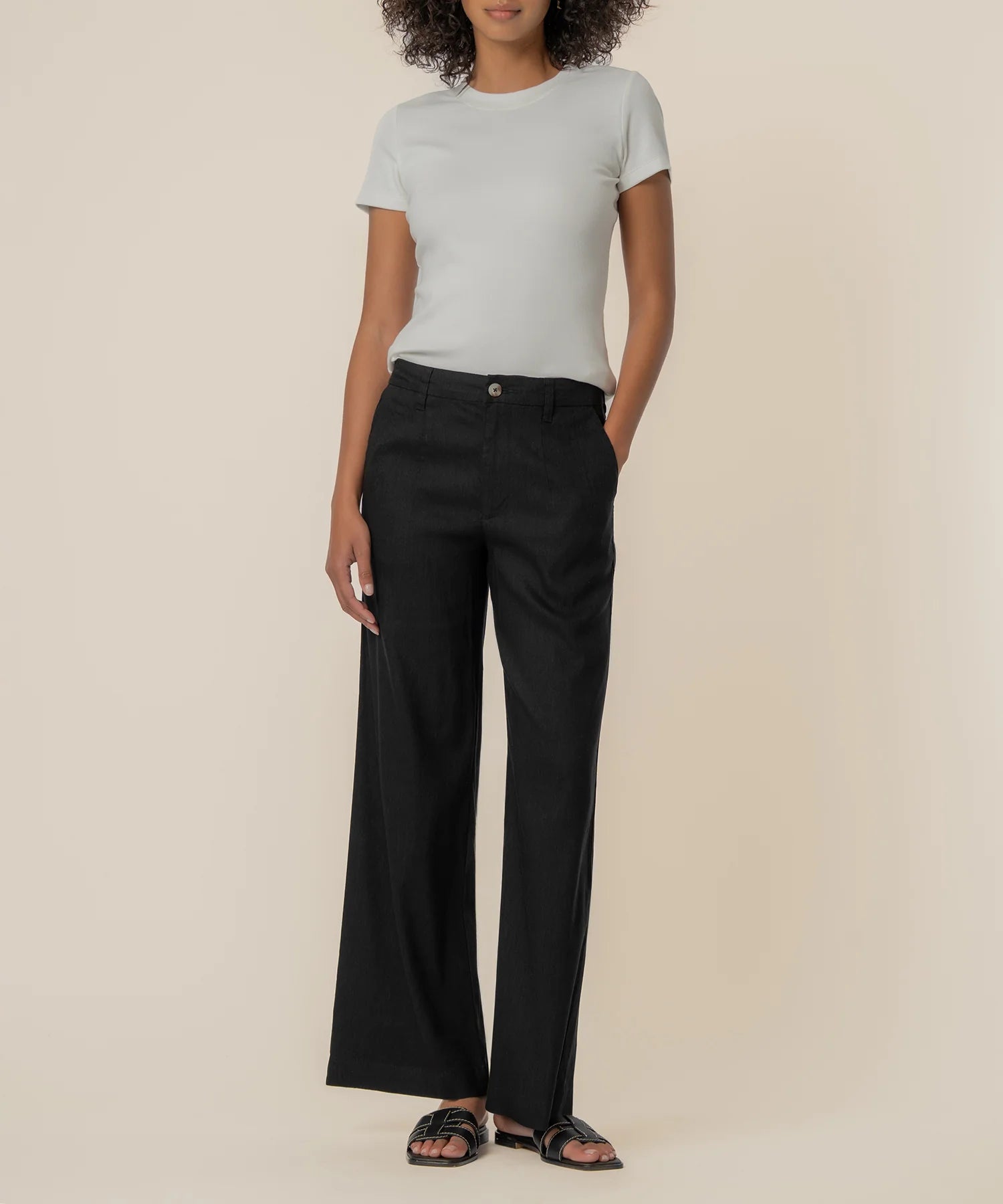 Black Linen High Rise Wide Straight Leg