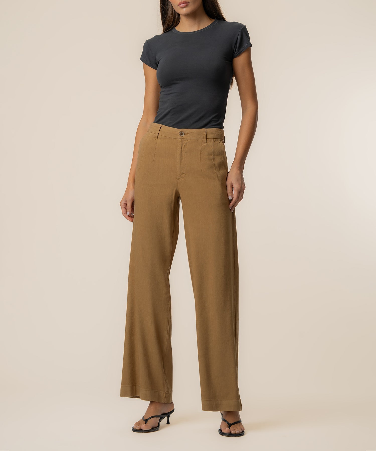 Wood Linen High Rise Wide Straight Leg