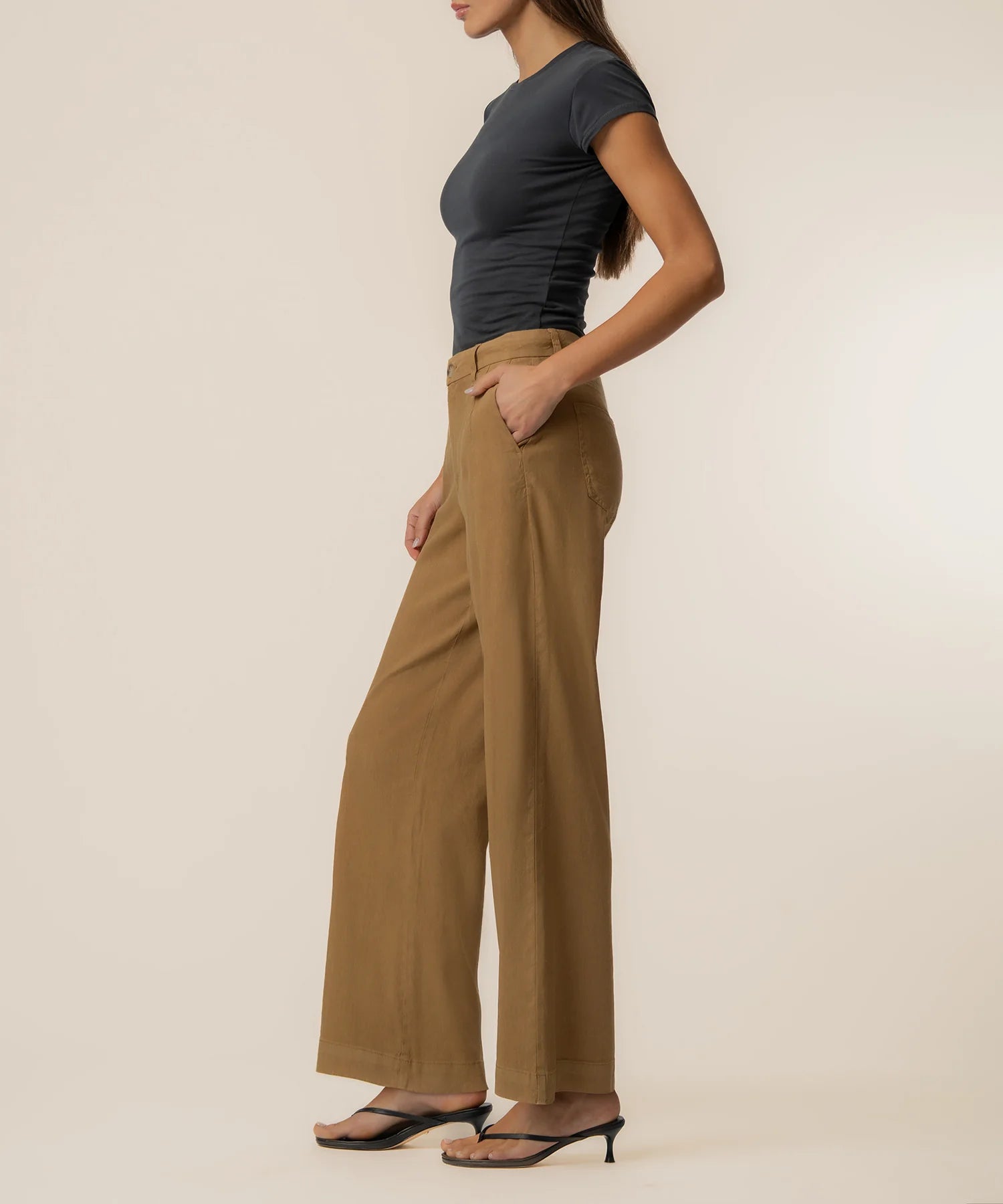 Wood Linen High Rise Wide Straight Leg