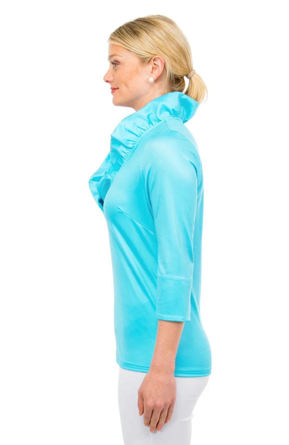 Turquoise Jersey Ruffneck 3/4 Sleeve Top