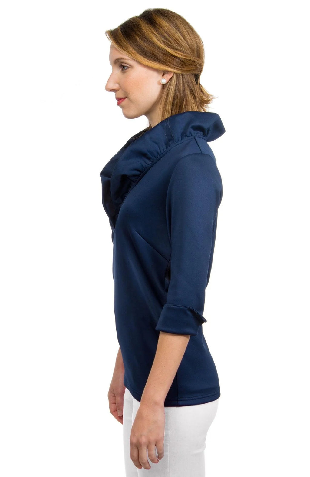 Navy Jersey Ruffneck 3/4 Sleeve Top