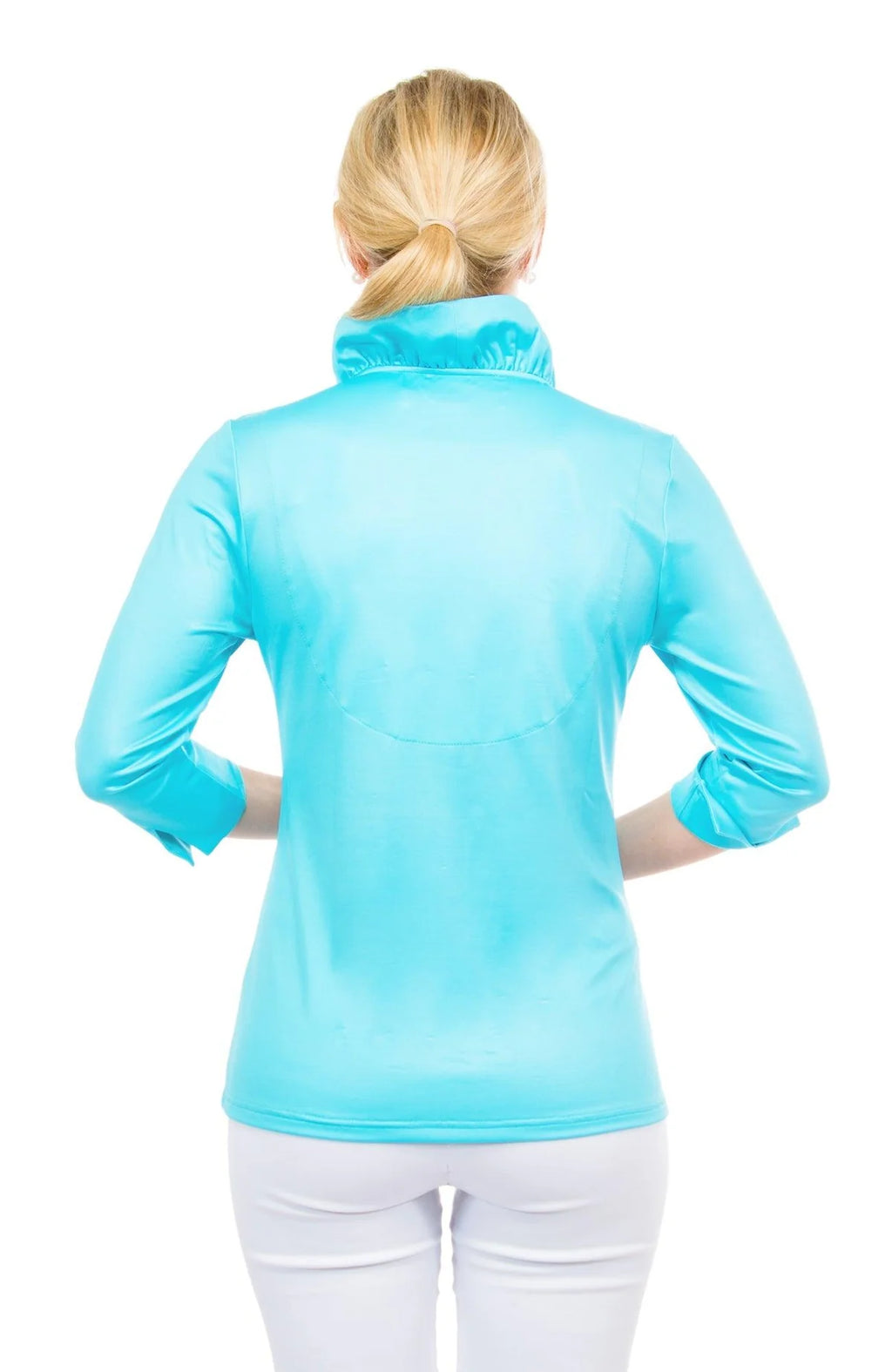Turquoise Jersey Ruffneck 3/4 Sleeve Top