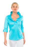 Turquoise Jersey Ruffneck 3/4 Sleeve Top