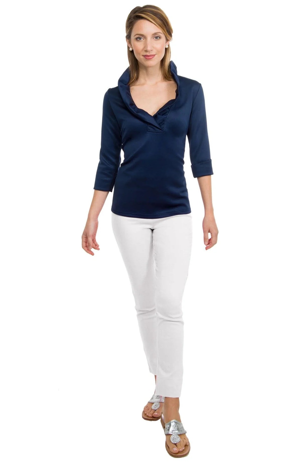 Navy Jersey Ruffneck 3/4 Sleeve Top